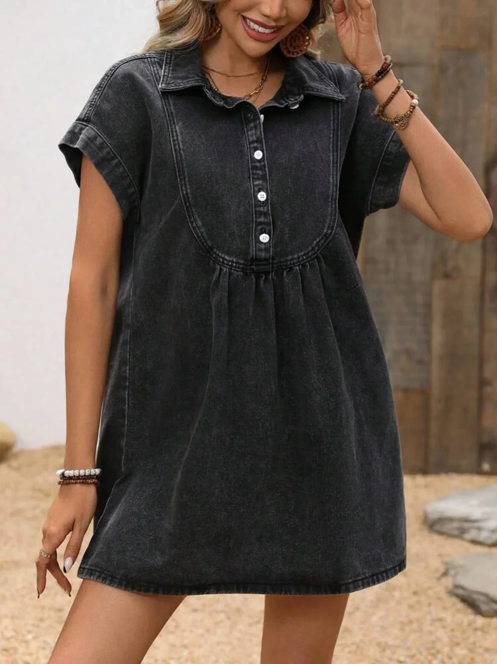 SHEIN‎ Women's Black Denim Collared Shirt Dress Coastal Cowgirl Western Size XS